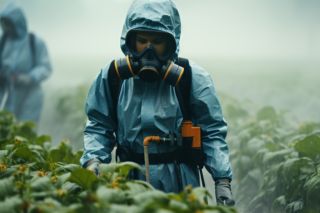 spraying toxic pesticide on crops
